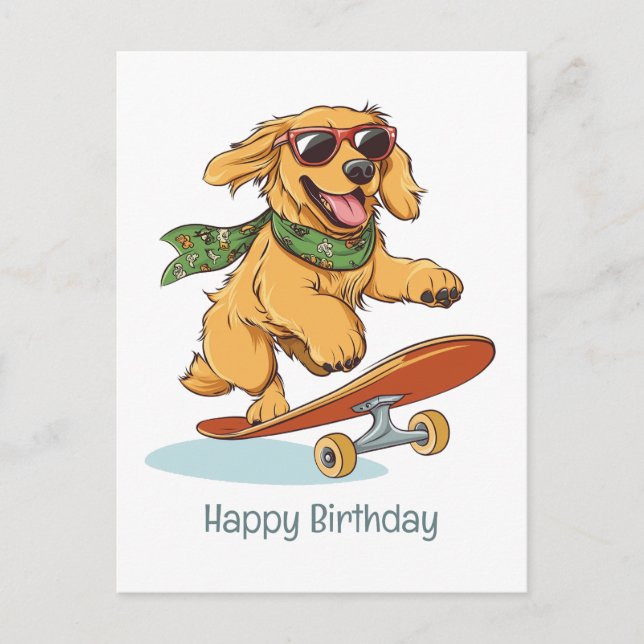 Postal Feliz cumpleaños Golden Retriever Dog Skateboardin (Anverso)