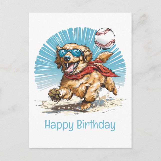 Postal Feliz Cumpleaños Golden Retriever Jugando Béisbol (Anverso)