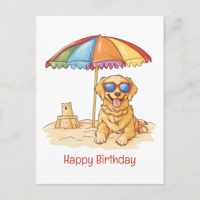 Postal Feliz Cumpleaños Golden Retriever Perro de Playa (Anverso)