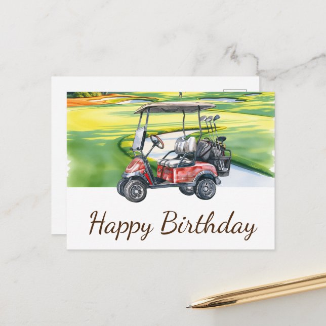 Postal Feliz cumpleaños golfista jugando golf (Anverso/Reverso In Situ)