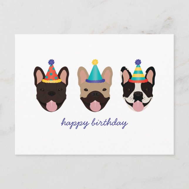 Postal Feliz cumpleaños, Gorras Fiestas de Bulldog francé (Anverso)