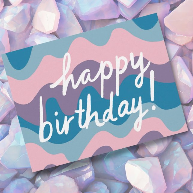 Postal FELIZ CUMPLEAÑOS Groovy Colorful Wavy Stripes (Pretty purple and blue birthday postcard! Add your own text to the back side, )