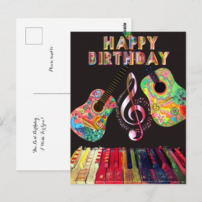 Postal Feliz Cumpleaños Guitarra Piano Arcoíris | (Anverso / Reverso)