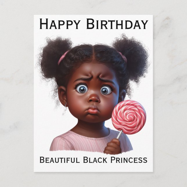 Postal Feliz cumpleaños, hermosa chica, princesa negra (Anverso)
