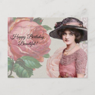 Postal Feliz Cumpleaños, Hermosa - Dama Vintage y Rosa