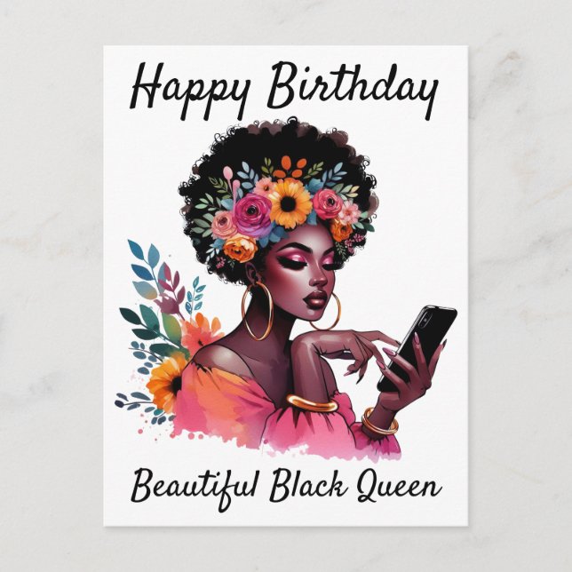 Postal Feliz Cumpleaños Hermosa Reina Negra Melanina Herm (Anverso)