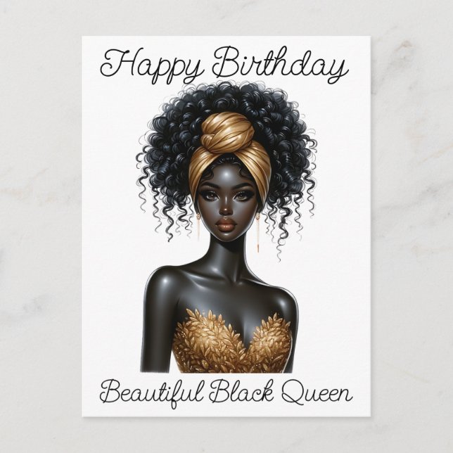Postal Feliz cumpleaños, hermosa, reina negra, melanina p (Anverso)