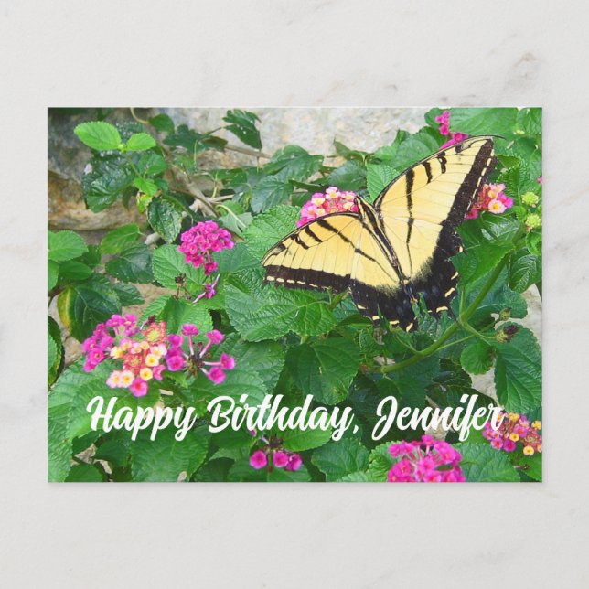 Postal Feliz cumpleaños, hermosas flores de mariposa (Anverso)