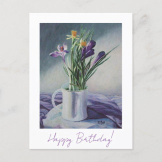 Postal Feliz cumpleaños hermoso arte floral morado fino 