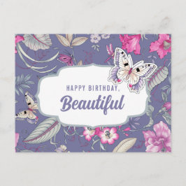 Postal Feliz Cumpleaños, Hermoso. Flores y mariposa
