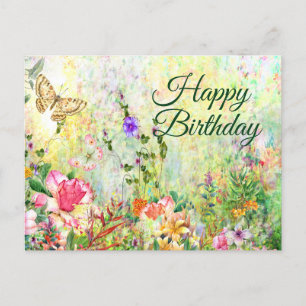 Postal Feliz Cumpleaños Hermoso Jardín de Flores Acuarela