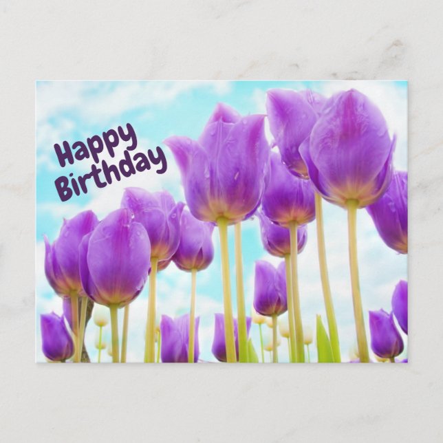 Postal Feliz cumpleaños, hermosos tulipanes morados (Anverso)