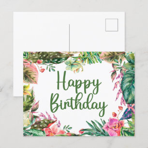 Postal Feliz Cumpleaños Hojas Tropicales Acuarela, Flores