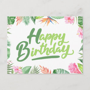 Postal Feliz Cumpleaños Hojas Tropicales y Flores de Hibi