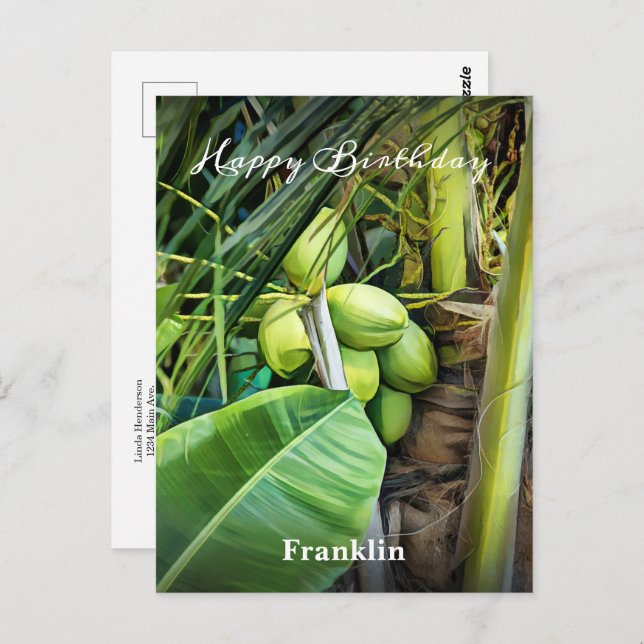 Postal Feliz Cumpleaños Hombres Palmeras Cocos Tropical P (Anverso / Reverso)