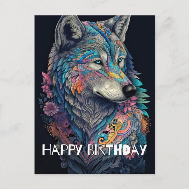 Postal Feliz cumpleaños Hunter Wolf Ilustracion (Anverso)