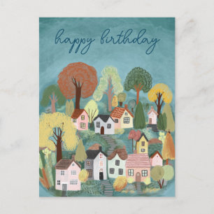Postal FELIZ CUMPLEAÑOS Ilustración de pueblo campestre l