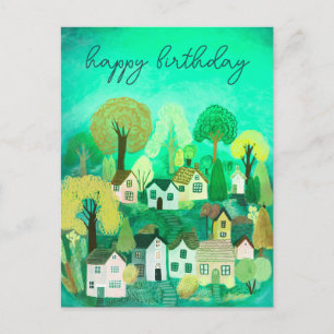 Postal FELIZ CUMPLEAÑOS Ilustración de pueblo campestre l