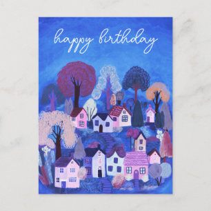Postal FELIZ CUMPLEAÑOS Ilustración de pueblo rural lindo