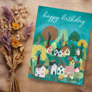 Postal FELIZ CUMPLEAÑOS Ilustración de pueblo rural lindo