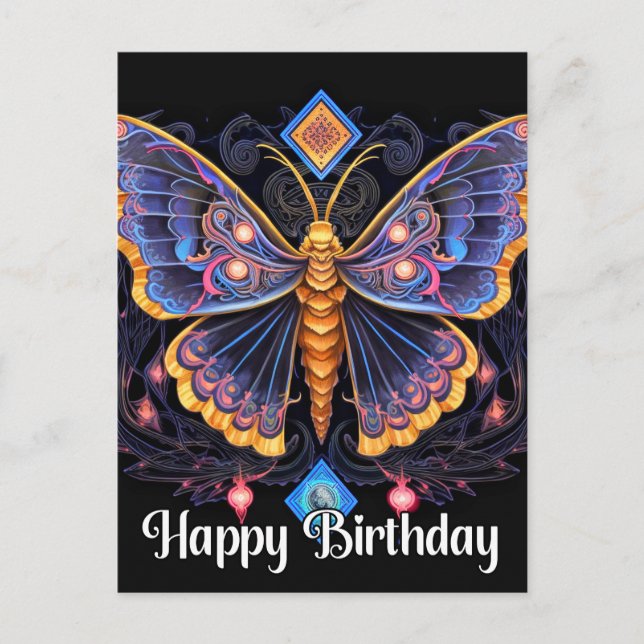 Postal Feliz cumpleaños imaginativo diseño de mariposa (Anverso)