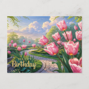Postal Feliz cumpleaños jardín de tulipanes rosados en pr