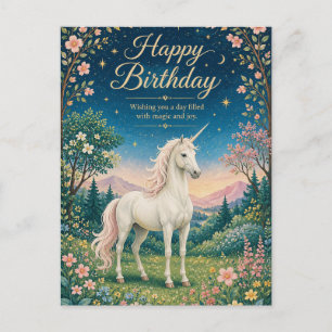 Postal Feliz Cumpleaños Jardín Floral Unicornio Mágico