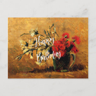 Postal Feliz cumpleaños, jarrón con flores carnosas rojas