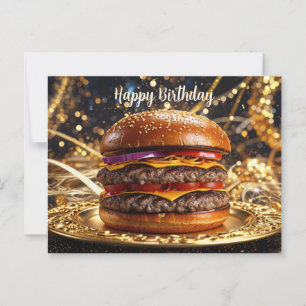 Postal Feliz Cumpleaños Juicy Hamburger en el Plato 