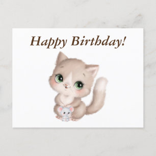 Postal Feliz Cumpleaños Kitten y Ratón Acuarela