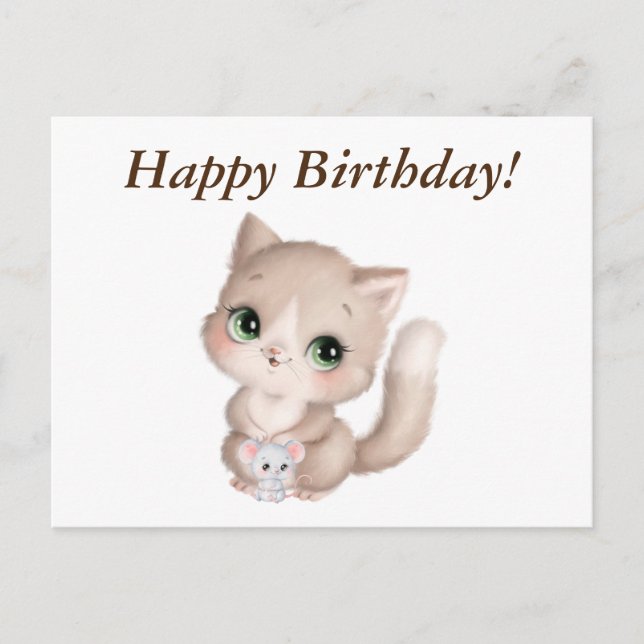 Postal Feliz Cumpleaños Kitten y Ratón Acuarela (Anverso)