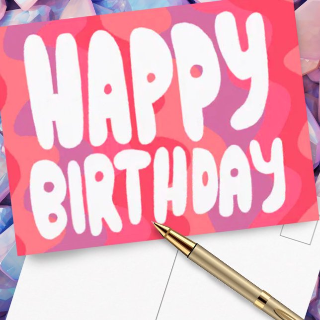 Postal FELIZ CUMPLEAÑOS Letras Burbuja Coloridas Cumpleañ (Pink curves custom happy birthday postcard)