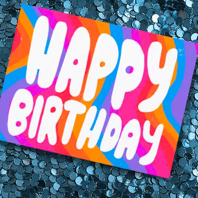 Postal FELIZ CUMPLEAÑOS Letras Burbuja Coloridas PERSONAL (Cheerful colorful rainbow hand lettered happy birthday postcard. Add your own text)
