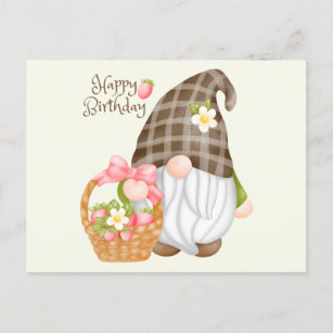 Postal Feliz cumpleaños lindo Gnome con cesta de fresas