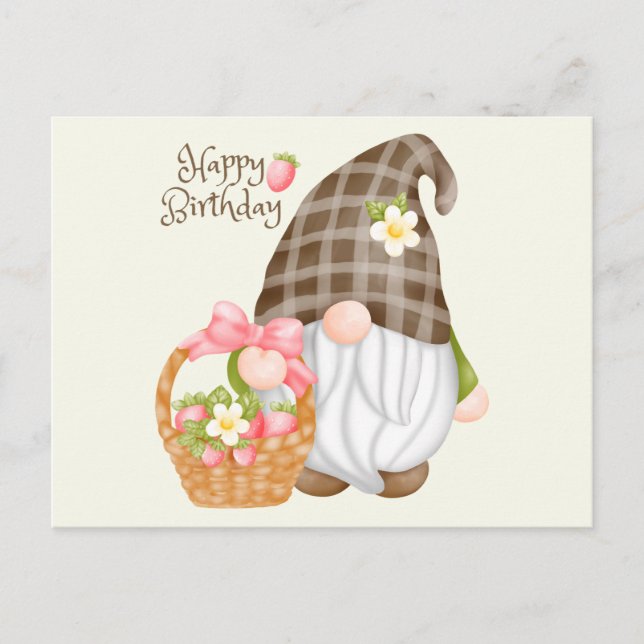 Postal Feliz cumpleaños lindo Gnome con cesta de fresas (Anverso)
