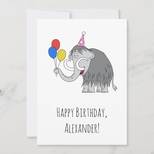 Postal feliz cumpleaños lindo mamut globos de mamu (Anverso)