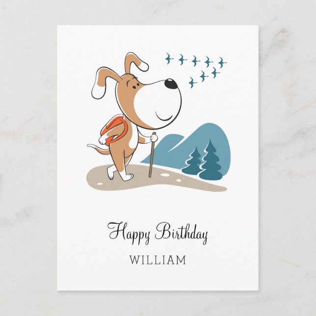 Postal Feliz cumpleaños, lindo perro cachorro senderismo  (Anverso)
