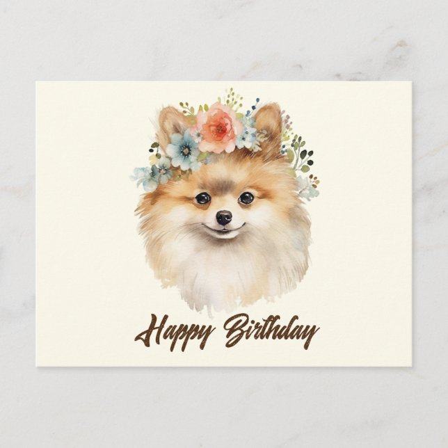 Postal Feliz cumpleaños lindo perro pomerania con flores  (Anverso)