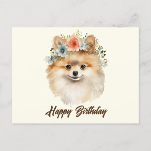 Postal Feliz cumpleaños, lindo perro pomerano con flores