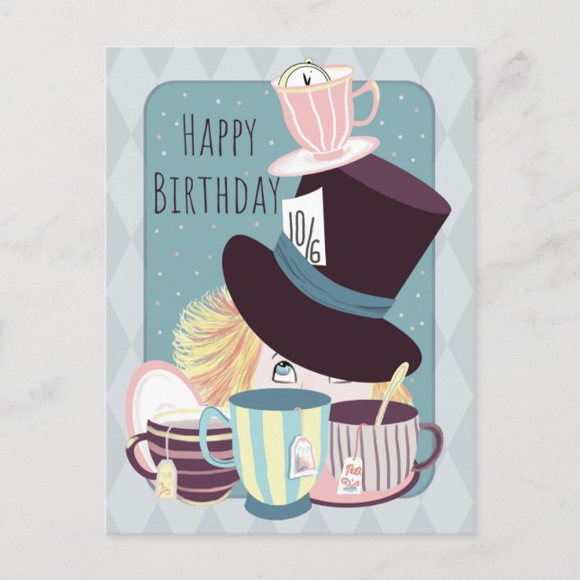 Postal Feliz cumpleaños Mad Hatter Tea Fiesta (Anverso)