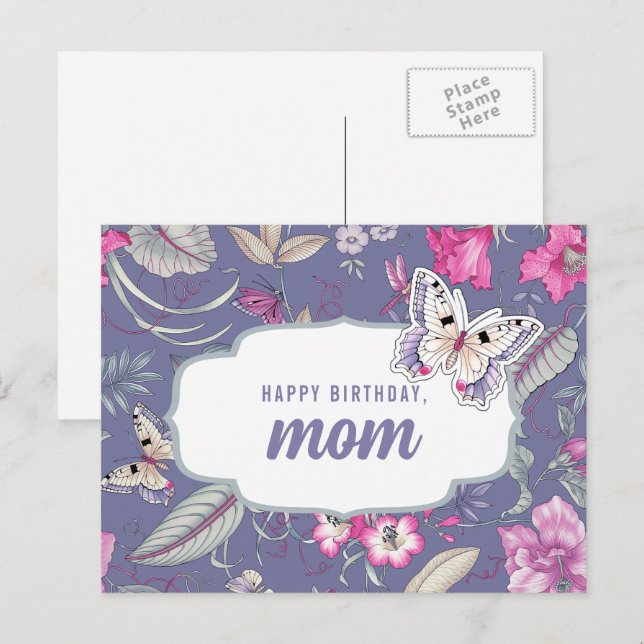 Postal Feliz cumpleaños, mamá. Flores acuáticas y maripos (Anverso / Reverso)