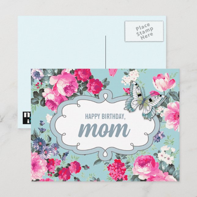 Postal Feliz cumpleaños, mamá. Flores y mariposa (Anverso / Reverso)