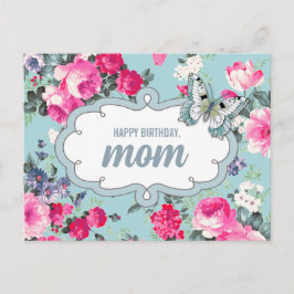 Postal Feliz cumpleaños, mamá. Flores y mariposa