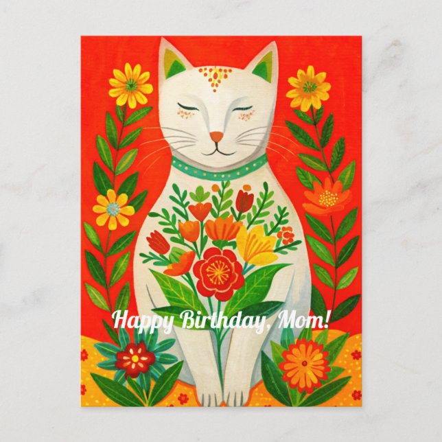 Postal Feliz cumpleaños mamá gato floral Postcard (Anverso)
