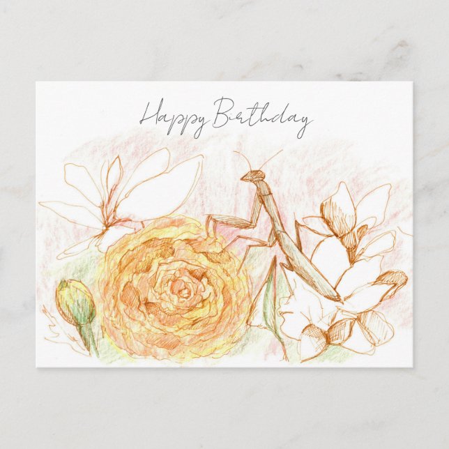 Postal Feliz Cumpleaños Mantis Religiosa Jardín Insecto  (Anverso)