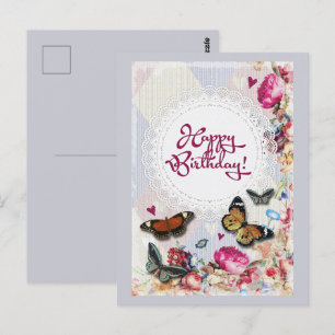 Postal Feliz Cumpleaños Mariposas y Flores
