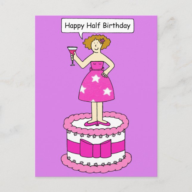 Postal Feliz cumpleaños media dama parada en un pastel (Anverso)