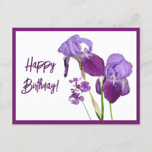 Postal Feliz cumpleaños morado iris hermosos florales lin