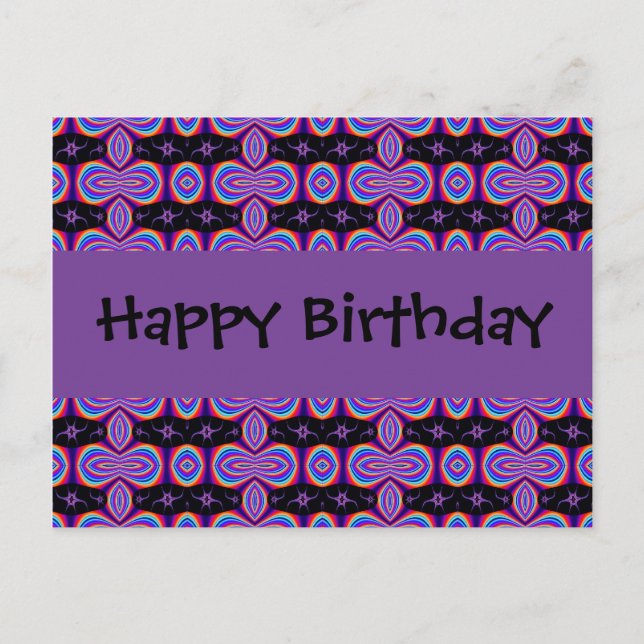 Postal Feliz cumpleaños morado y fractal negro (Anverso)