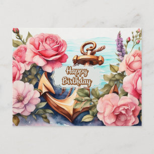 Postal Feliz cumpleaños náutico, Océano, Ancla, Rosas ros